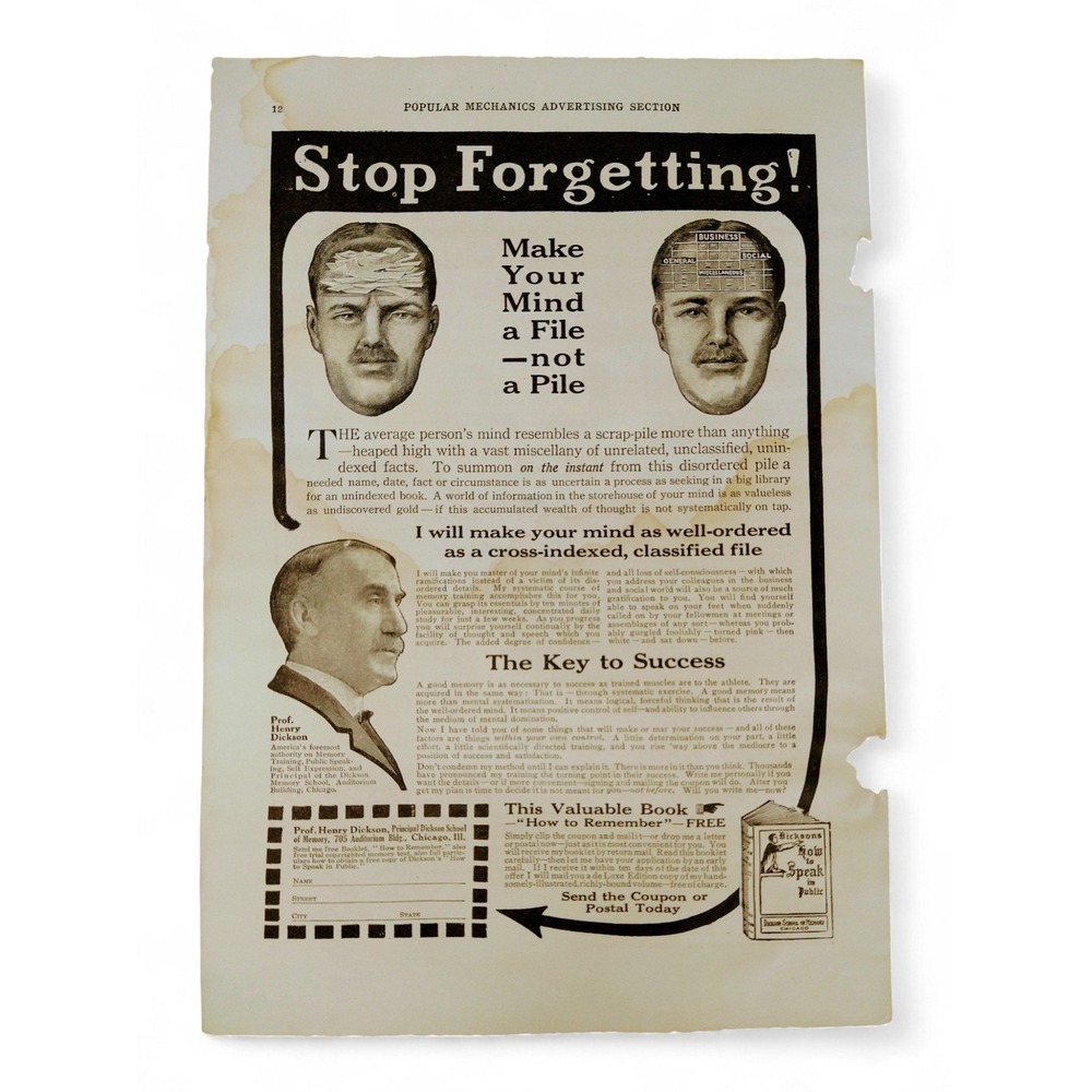1915 Memory Training Print Ad Prof Hedger Mind File WWI Era Self-Help‎ Ephemera
